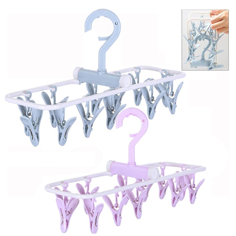 Foshine Clothes Drying Racks 2 Pack Small Folding Portable Underwear Hangers with Clips Socks 12 Clips 360Â° Rotatable Hook for Drying Towels Bras Baby Clothes Gloves Plast - Image 1